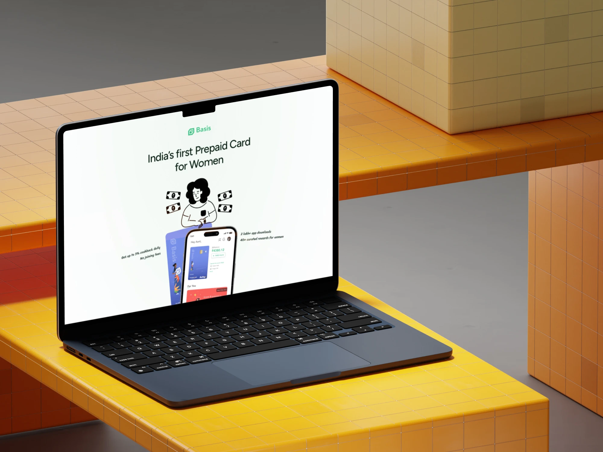 Nocoloco’s Basis website in its original laptop mockup on a yellow tiled background