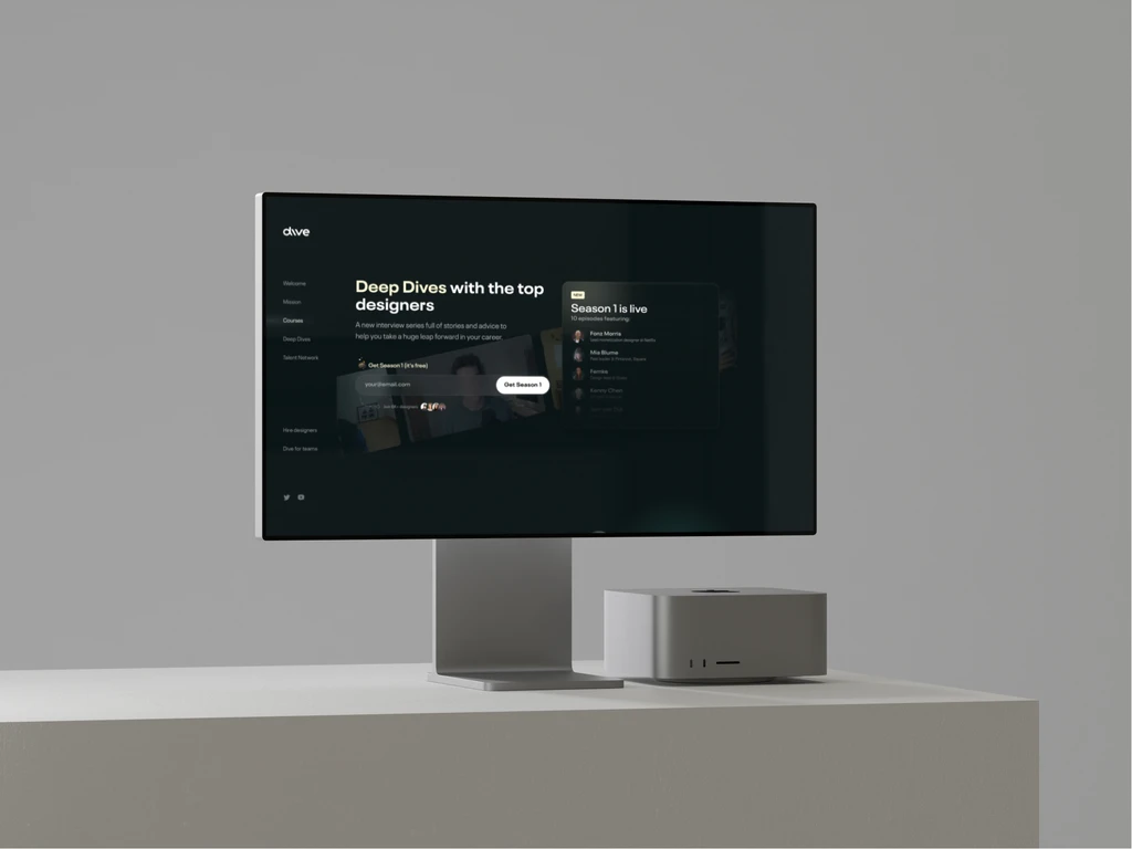 Nocoloco’s dark Deep Dives website for Dive displayed on a desktop monitor